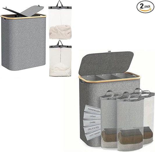 2pcs FLaundry Hamper with Lid,Collapsible Dirty Clothes Hamper Organizer | Large Capacity Space-Saving Design for Bedroom/Laundry Room Essentials (Gray)
