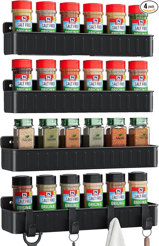 Nieifi Spice Rack Wall Mount, 4 Pack, Black, Screw or Adhesive Installation, Spice Rack Organizer for Your Kitchen Cabinet or Pantry Door