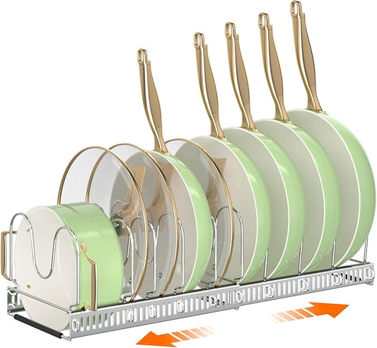 MUDEELA Pots and Pans Organizer Rack for under Cabinet, Expandable Pot Lid Kitchen Cabinet Organizer Holder with 10 Adjustable Compartment Cutting Board Organizer for Pan Lid Cookie Sheet Rack, Silver