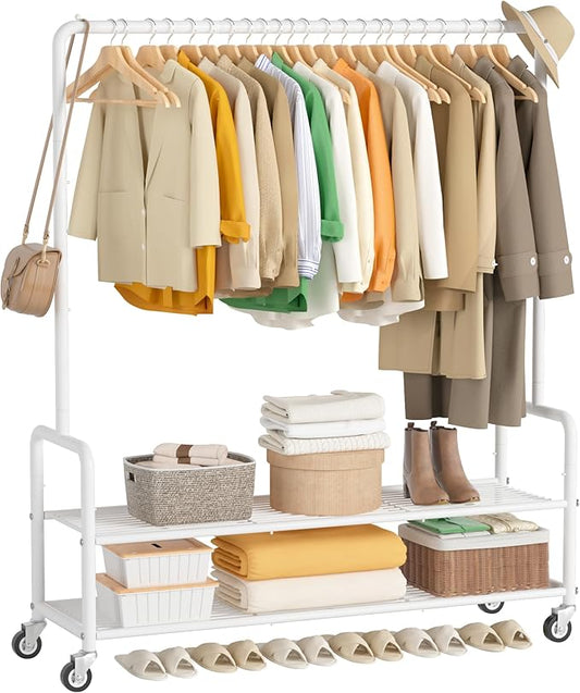 MISSLO Heavy Duty Clothes Rack with Shelves 46.5" Large Rolling Clothing Racks for Hanging Clothes, Garment, Coat, White
