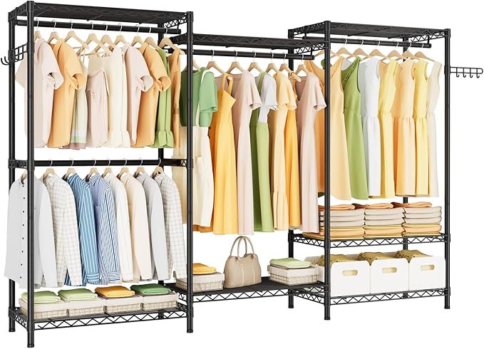 Golpart Heavy Duty Garment Rack Clothes Rack,Large Metal Closet Organizer System Storage Wardrobe,Freestanding Clothing Rack with 8 Adjustable Wire Shelves&4 Hang Rods,MaxLoad 800lbs