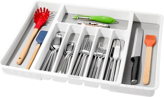 madesmart Silverware White Expandable Tray Classic Collection | 8-Compartments | Icons to Help sort Flatware, Cutlery, Utensils | Soft-Grip Lining | BPA-Free