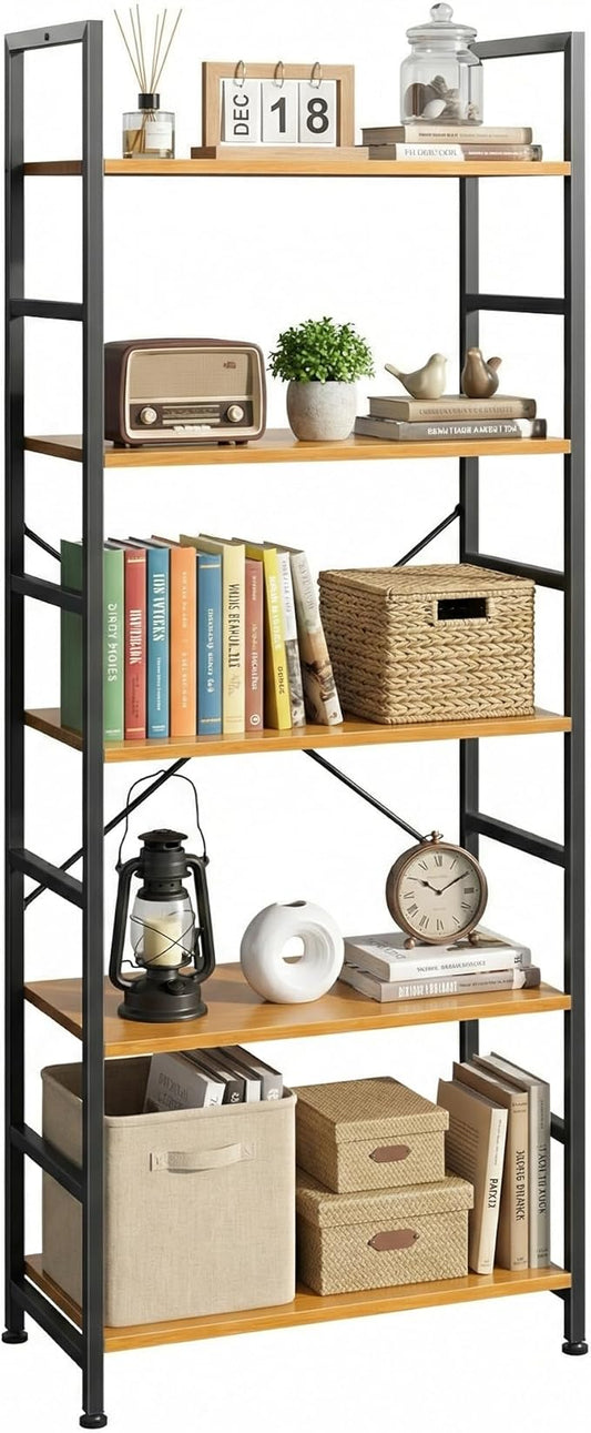 DUMOS 5 Tiers Bookshelf, Classical Book Shelf, Tall Display Shelves in Living Room/Home/Office, Storage Organizer for CDs/Books/Movies, Wood