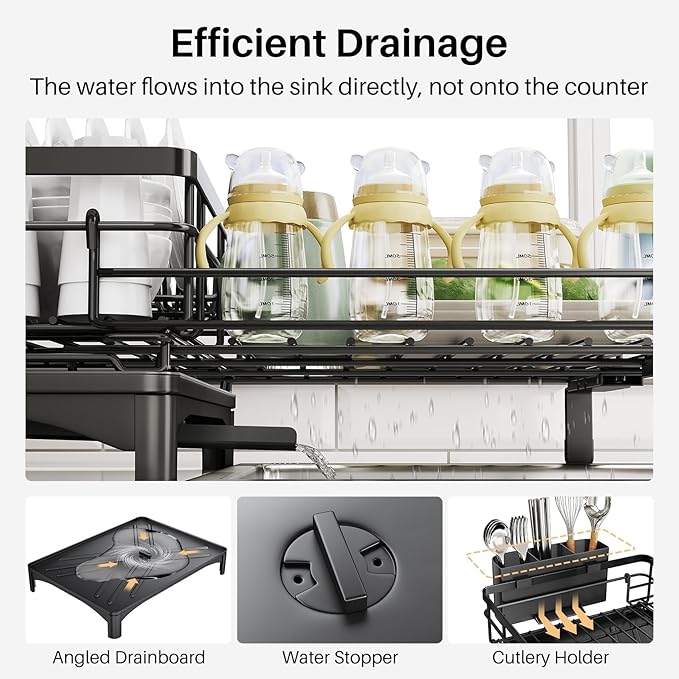 Premium Expandable Dish Drying Rack with Drainboard – 2-in-1 Large Capacity Countertop & Over-Sink Dish Rack, Rust-Resistant Metal