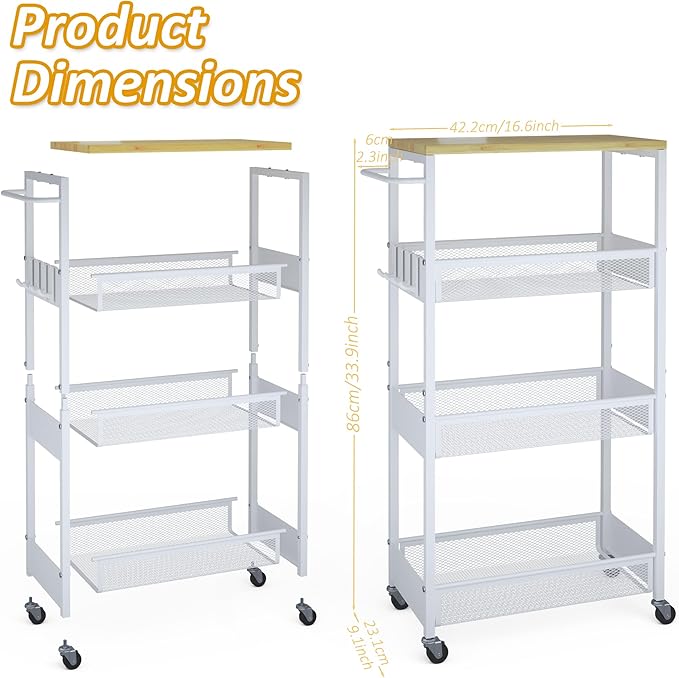 Vincona Slim Rolling Utility Cart, 4 Tier Metal Narrow Storage Cart with Handle and Wood Top, Multifunctional Small Mobile Shelf Unit Organizer Trolley for Laundry, Bathroom, Kitchen