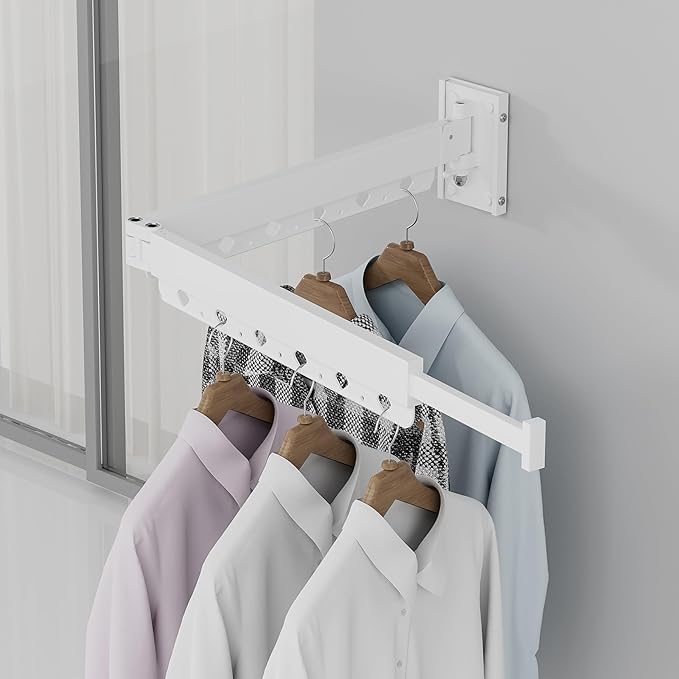 Wall Mounted Clothes Hanger Rack Folding Wall Mounted Clothes Hanger for Laundry (2-Fold White)