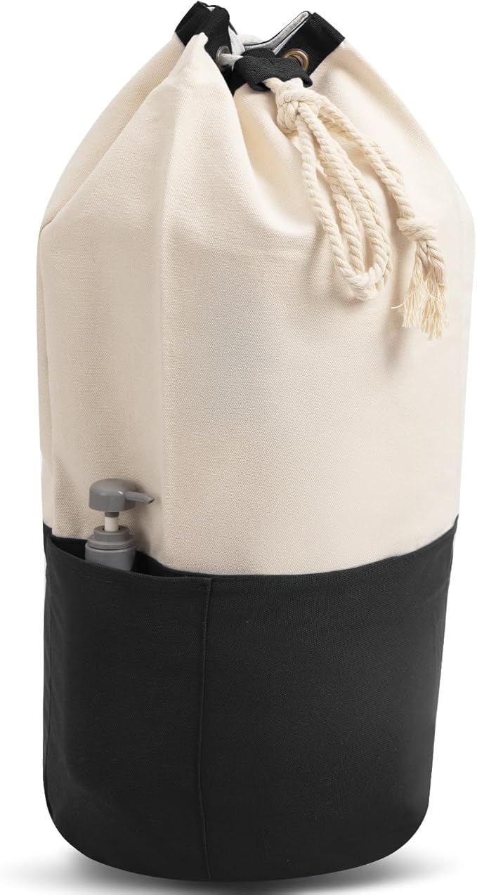 NAHADS Black single-shoulder backpack-style laundry bag made of durable canvas material with a drawstring closure design, suitable for use at university, camping, laundromats, and apartments.