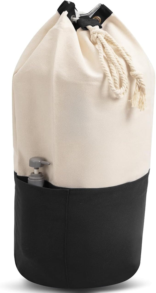 NAHADS Black single-shoulder backpack-style laundry bag made of durable canvas material with a drawstring closure design, suitable for use at university, camping, laundromats, and apartments.