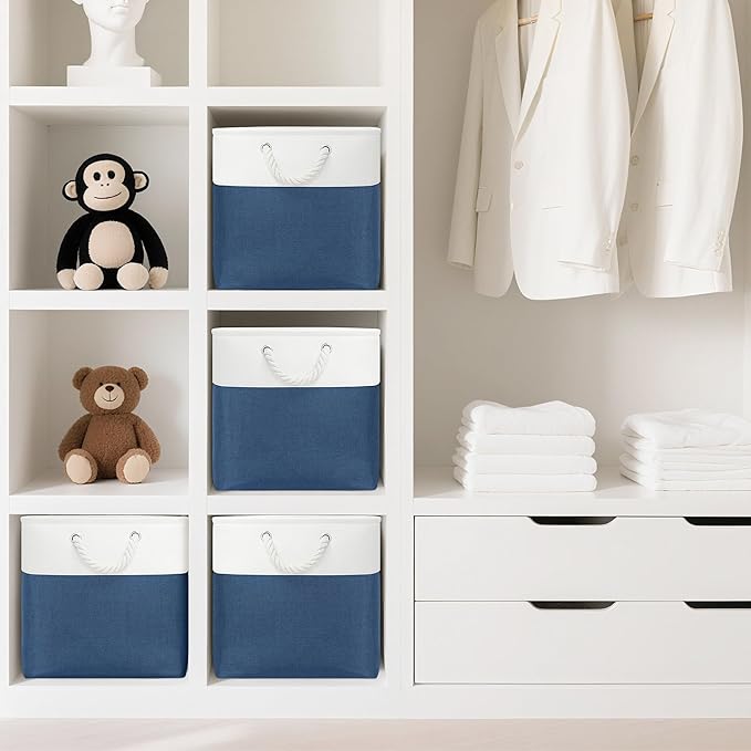 ECDYQXVU 13x13 Inch Cube Storage Bins with Reinforced Bottom Cardboard, 6 Pack Large Foldable Fabric Storage Cubes with Handles for Shelf, Closet, Laundry Organization (White&Navy Blue)