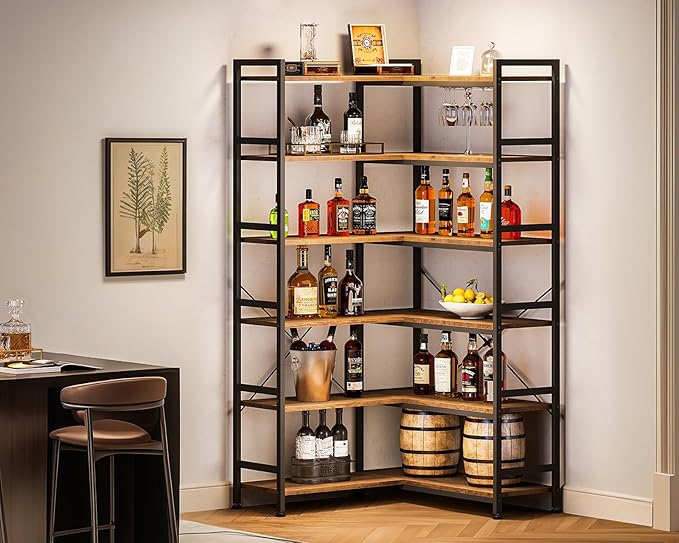 Casaottima Corner Bookshelf 6 Tier, 64 Inches Reversible Book Shelf for Living Room, Industrial Wooden Bookcase with Open Shelves and Metal Frame for Bedroom, Home Office, Kitchen, Vintage