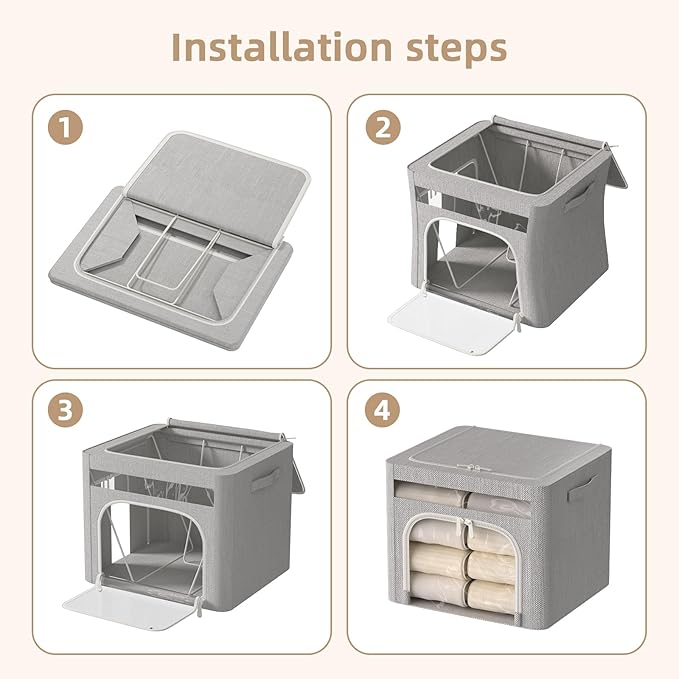 FHSQX 6 Pack Foldable Storage Bins for Clothes Clothes Storage Bins with Metal Frame Stackable Storage Box with Lid (Light Grey, 19.7x15.7x13.8 inch (70L))