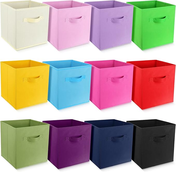 Gerrii 11 Inch Fabric Storage Cubes - 12 Pack Sturdy Collapsible Bins with Handle - Foldable Baskets for Organizing Clothes, Toys, Books -12 Colors Storage Baskets for Shelves, Room, Closets