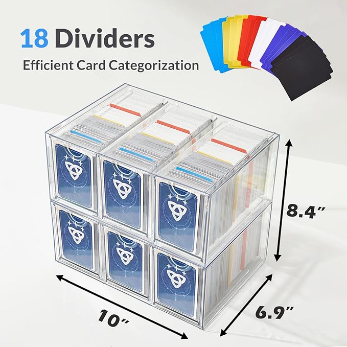 DEEIF 6 Drawer Trading Card Storage Box, 2200+ Cards Organizer with Divider, Clear Stackable Drawers for TCG, MTG, PTCG, Sports Cards (6 Drawer Card Box)