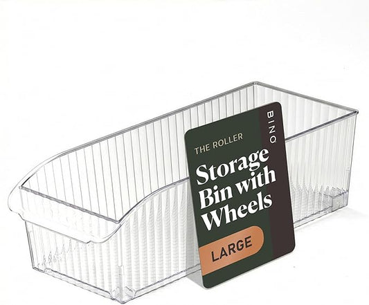 BINO | Plastic Storage Bins with Wheels, Large | THE ROLLER COLLECTION | Clear Storage Bins for Organization | Clear Containers for Pantry | Fridge & Freezer Organizer Bin Cabinet & Pantry Organizers