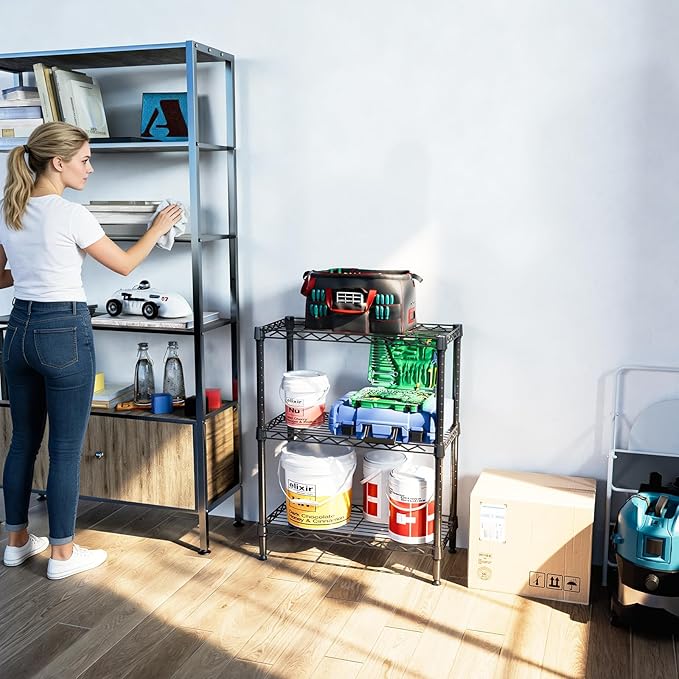 IZEUK 3-Tier Small Storage Shelf Wire Shelving Unit Metal Shelf Adjustable Organizers Storage Shelving for Bathroom Laundry Room Kitchen Pantry, 750 lbs Capacity, Black, 11.8" D x 25.6" W x 31.5" H