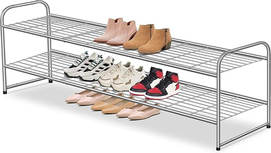 AOODA 2 Tier Long Metal Shoe Rack for Closet Wide Stackable Shoe Storage Organizer 18-Pairs Low Small Sneaker Rack for Entryway, Bedroom, Garage, Grey