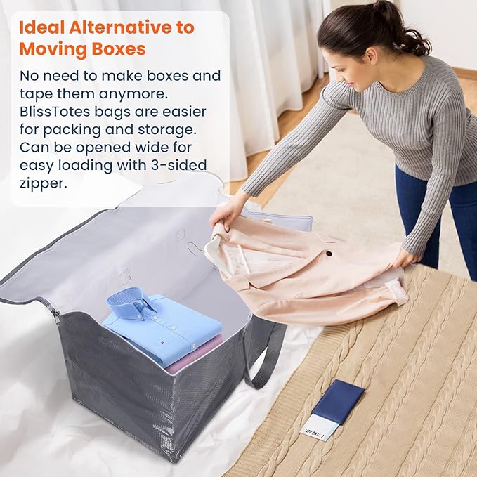 BlissTotes Large Moving Boxes and with Zippers & Handles Moving Supplies with lids, Heavy Duty Totes for Storage Bags for Space Saving, Fold Flat, Moving and Storing, 10 Pack