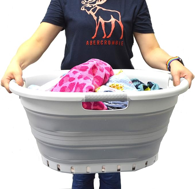 SAMMART 36L (9.5 gallon) Collapsible 3 Handled Plastic Laundry Basket-Foldable Pop Up Storage Container/Organizer-Space Saving Basket (3 handled Oval, Grey/Grey)