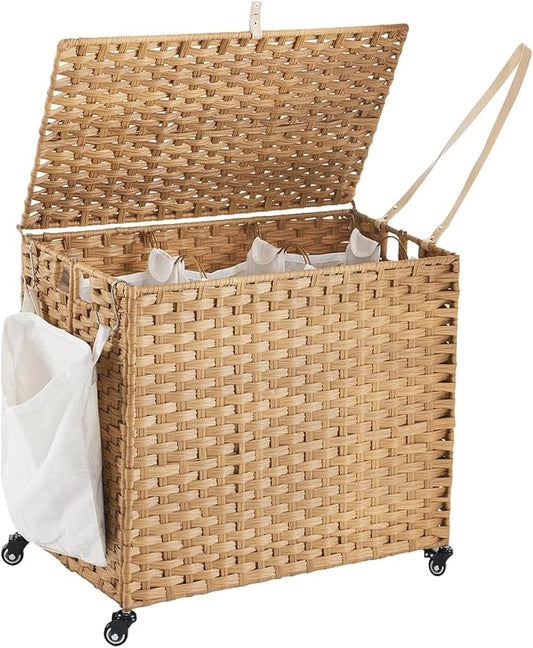 Laundry Hamper with Wheels, 34.3 Gallon(130L) Rolling Laundry Basket with Lid, 3-Section Rattan Clothes Hamper with 3 Removable Liner & 3 Mesh Bags, Laundry Sorter with Side Pocket, Natural