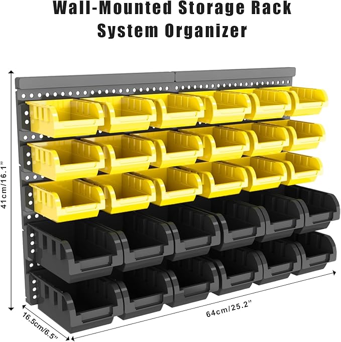 Wall Mounted Storage Bins, Nut and Bolt Organizer, Plastic Bolt Bin, Screw Organizer, Storage Bins for Garage (YELLOW+BLACK, SMALL(30PCS))