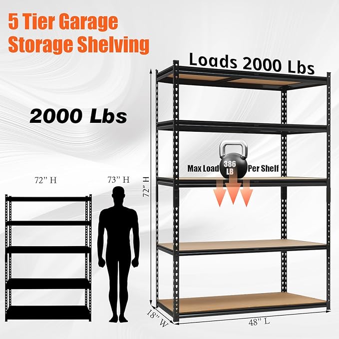 48x18x72 Heavy Duty Garage Storage Shelves,5-Tier Adjustable Metal Shelving Units, 2000 LBS Load Capacity Industrial Utility Storage Racks for Warehouse Pantry Shed Basement Garage Organization