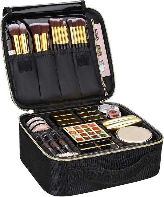 Relavel Travel Makeup Train Case Makeup Cosmetic Case Organizer Portable Artist Storage Bag with Adjustable Dividers for Cosmetics Makeup Brushes Toiletry, Black with Gold Zipper