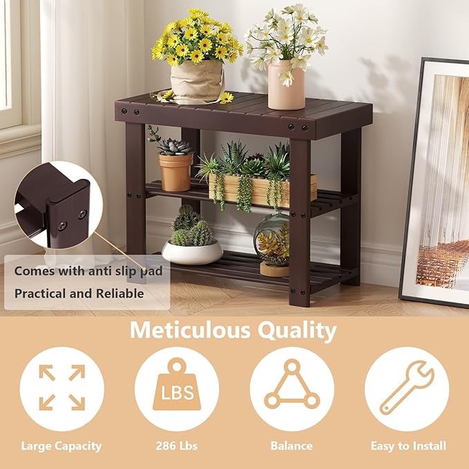 Sweetcrispy Shoe Rack Bench, 3-Tier Bamboo Entryway Storage Organizer, 286lb Capacity, Shoes Stand for FrontDoor Entrance, Bedroom, Living Room, Bathroom, Balcony, 19 Inches Length, Brown