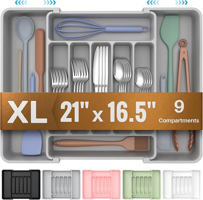 ukeetap Extra Large Expandable Silverware Organizer, BPA-Free Food-Safe Cutlery Flatware Organizer, Kitchen Utensil Drawer Organizer, Adjustable Silverware Holder for Spoons Forks Knives, Gray