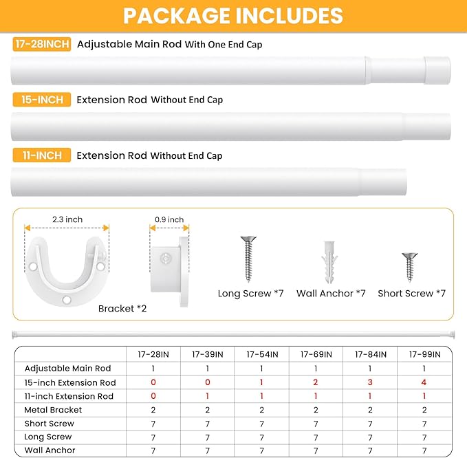 Closet Rods for Hanging Clothes, 17-39 Inch No-Cut Stepless Adjustable Closet Rod, 1.3 Inch Heavy Duty Metal Closet Hanging Rod with Brackets, White Closet Bar for Closet, Laundry Room, RV, Wardrobes
