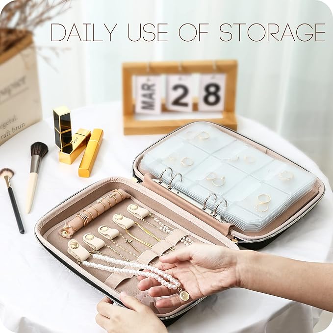 ProCase Large Travel Jewelry Organizer Case, Jewellery Home Storage Book Ring Binder with Clear Pockets for Presentation, Zippered Pouch Bag for Earrings Necklaces Bracelets -Black
