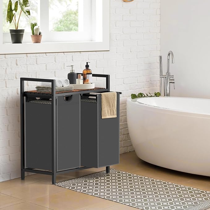 Sonharlar Laundry Hamper, Laundry Sorter with 2 Pull-Out Removable Oxford Fabric Bags Cloth Laundry Basket 2 x 10 Gallons (Grey and Rustic Brown)
