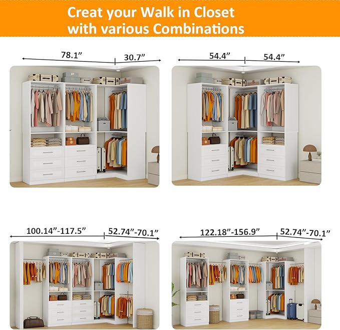 Closet System with 6 Wooden Drawers, 6.5-16FT Corner Closet Organizer System for Walk in Closet, Heavy Duty Modular Closet Systems, Built-in Shelving System with 7 Hanging Rods, 3-Piece Set
