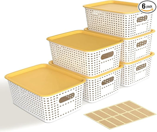 AREYZIN 6 Pack Plastic Storage Bins with Lid,Stackable Storage Bins and Storage Baskets for Shelves,Small Baskets for Organizing, Small Storage Bins,10.2x7.2x4.1 Inch, White