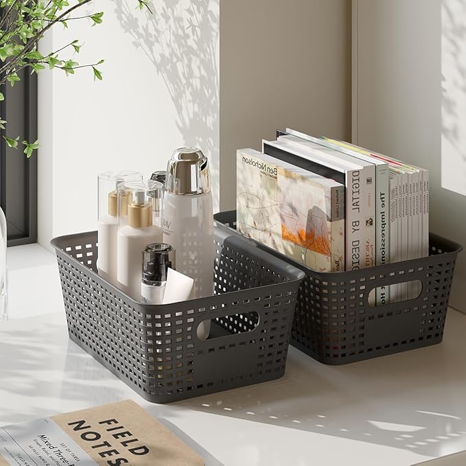 Resze 6-Pack Plastic Storage Bins with Lids, Stackable Organizer Baskets & Containers for Pantry, Kitchen, Cabinet, Closet, Bathroom Organization Toys, Space Saving, Easy-Carry Handles,Gray