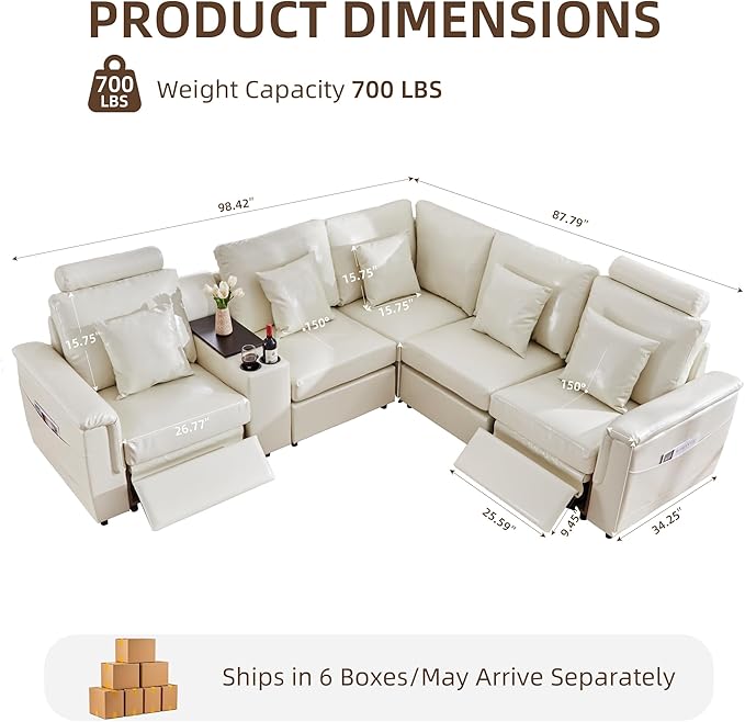 LEVNARY 5-Seat L Shaped Modular Sectional Sofa with Power Recliners, Upholstered Faux Leather Couch Storage Console with Charging Ports & Cup Holders, Living Room Couch Set for Home Office (White)