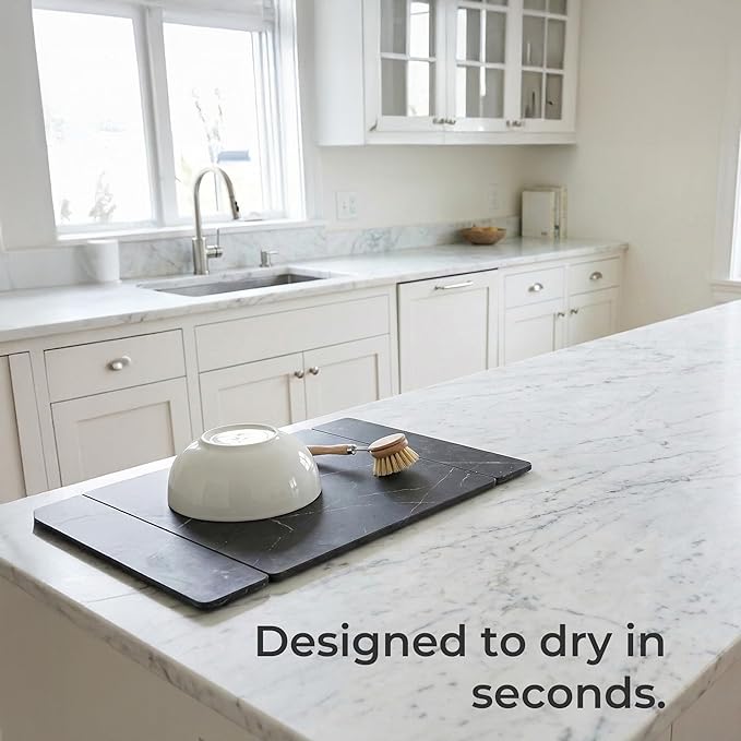 Selegna Collapsible Stone Drying Mat for Kitchen Counter – Tri-Panel Dish Drying Mat Made from Diatomaceous Earth | Quick Dry Diatomite Mat for Sink, Countertop & Dishes (Charcoal)