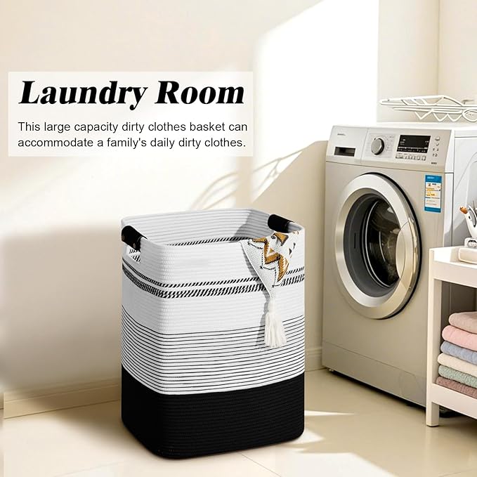 Laundry Hamper, 85L Tall Laundry Basket with Leather Handles, Rectangle Large Clothes Hamper for Organizing, Cotton Woven Laundry Baskets Storage Hampers for Bedroom, Nursery, Living Room