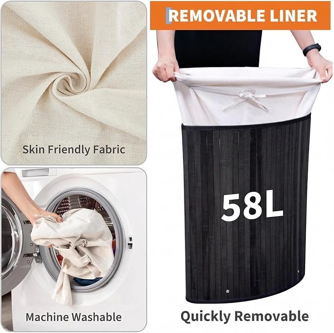 GarveeHome Folding Bamboo Laundry Hamper with Lid, 27.5 Gallon Wooden Laundry Basket with Washable Liner Bag, Slim Clothes Storage Hamper for Small Bedrooms Apartments Dorms (Black - Triangle)