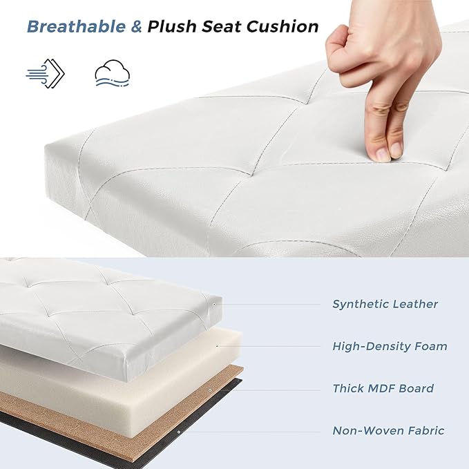 DUMOS 30 Inches Folding Ottoman with Storage Bench, Foot Rest Stool, End of Bed Storage Bench Upholstered, Load 660 lbs, for Living Room, Lychee Grain Leather, Beige