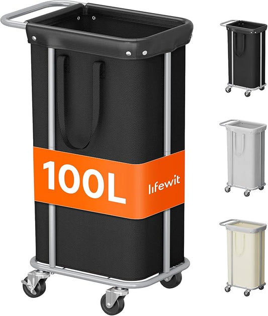Lifewit 100L Large Laundry Basket with Wheels, Tall 1 Section Laundry Hamper Organizer, Rolling Laundry Cart with Steel Frame & Removable Bag for Luandry Room Bathroom Bedroom, Black