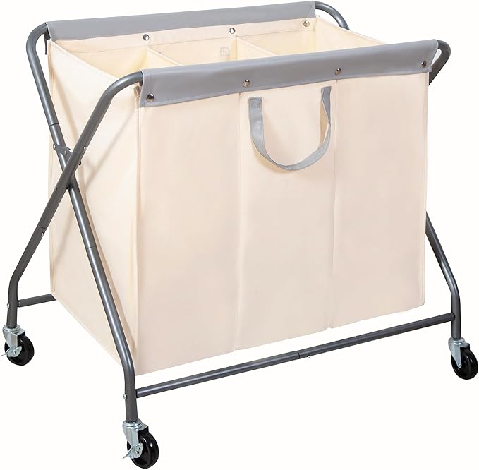 STORAGE MANIAC 160L Collapsible Laundry Hamper with Wheels, Rolling Laundry Basket, Heavy Duty Cloth Sorter with Removable Bag, Folding X Frame Clothes Organizer Cart for Easy to Store, 3 Section