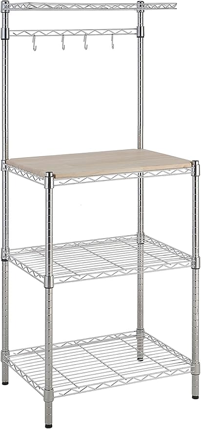 Amazon Basics Kitchen Storage Baker's Rack with Removable Wood Top, Chrome/Beige, 24"W x 59"H x 18"D