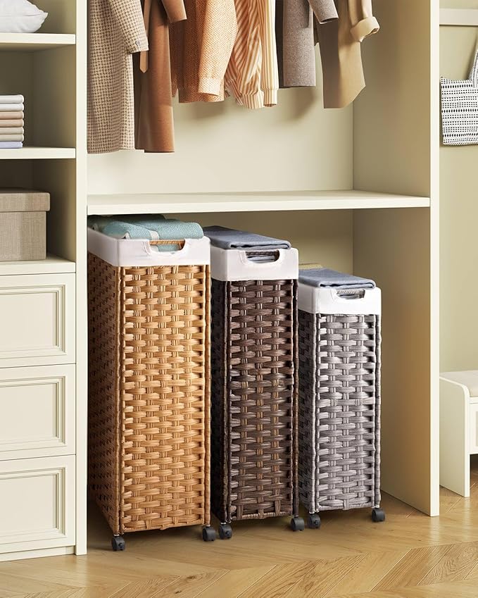 Greenstell Laundry Hamper with Wheels, 17.4 Gallon (66L) Slim Laundry Basket with 2 Removable Liner Bags & 2 Mesh Bags, Narrow Rattan Clothes Hamper for Bedroom, Laundry Room, Bathroom, Grey