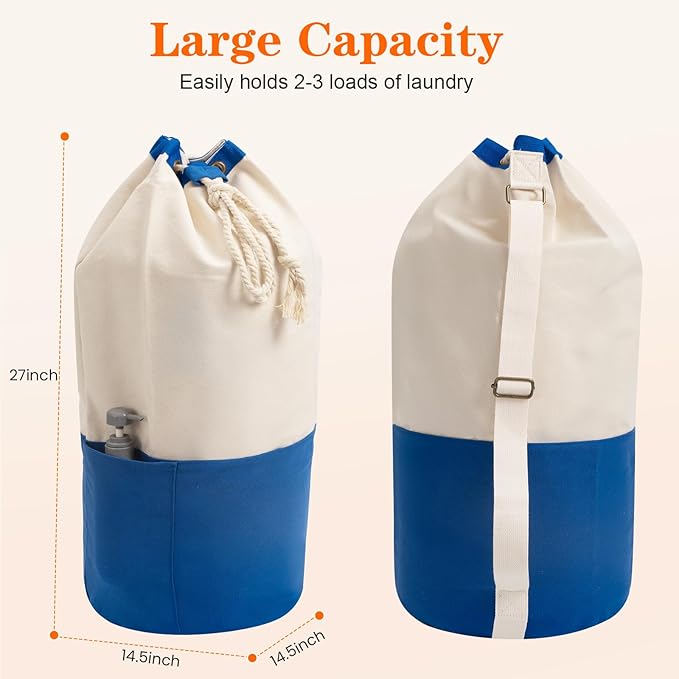 NAHADS Blue single-shoulder backpack-style laundry bag made of durable canvas material with a drawstring closure design, suitable for use at university, camping, laundromats, and apartments.