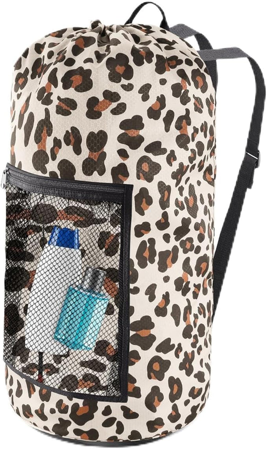 Olosar Laundry Bag Backpack, Extra Large Travel Laundry Bag with Mesh Pocket & Adjustable Shoulder Straps,Dirty Clothes Travel Bag for College Students Dorm,Apartment(Leopard Print)