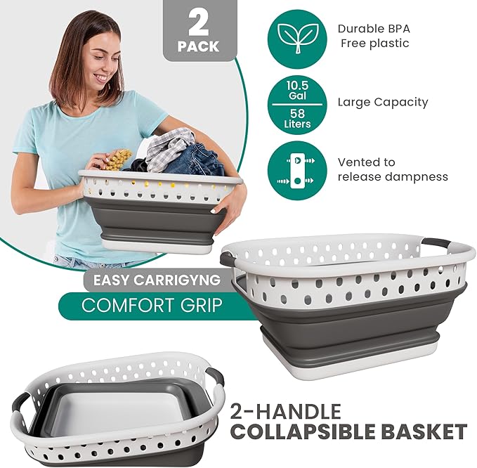 Ideality Shop Collapsible Laundry Baskets - Set of 2 Laundry Hamper 3 Handled Plastic Dirty Clothes Hamper Foldable Laundry Basket