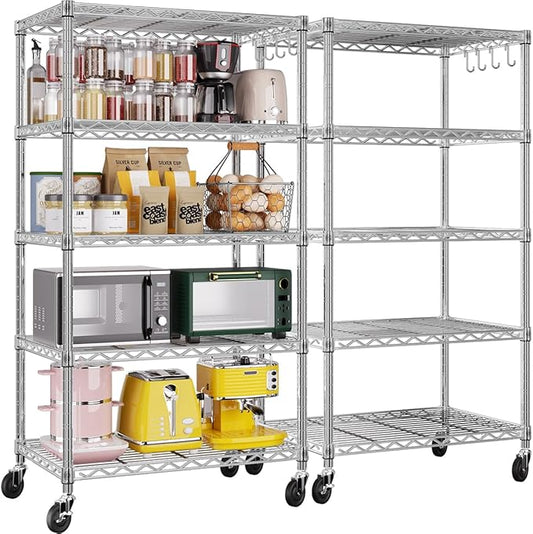 PrimeZone 2 Pack Steel Storage Wire Shelving 5 Tier Metal Shelves with Wheels,Adjustable Kitchen Utility Shelving Unit,Pantry Rack Rolling Metal Shelf Laundry,Chrome 24" Wx18 Dx75 H