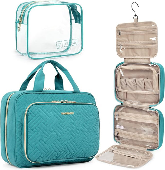 BAGSMART Toiletry Bag Hanging Travel Makeup Organizer with TSA Approved Transparent Cosmetic Bag Makeup Bag for Full Sized Toiletries, Large-Blue