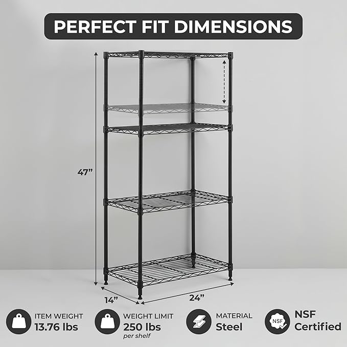 3-Tier Heavy Duty Adjustable Shelves, Metal Storage Rack with 250-lb Shelf Capacity, Matte Black, 14" W x 24" L x 30" H