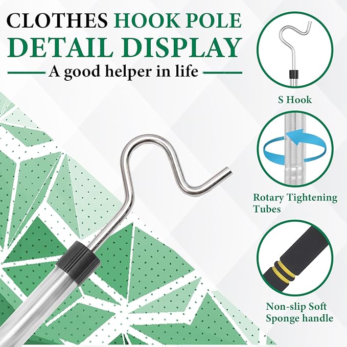 Clothes Hanger Reaching Hook,33 to 51Inch Clothing Hook Pole Long Christmas Light Hanging Extension Adjustable Clothes Rod Assist Tool Sponge Handle Shutters Pole Ceiling Home Reacher Poles